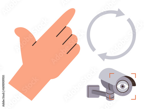 Hand making gesture, rotating circular arrows, surveillance camera with focus highlight. Ideal for security, monitoring, privacy, technology, control observation vigilance. Minimal flat metaphor