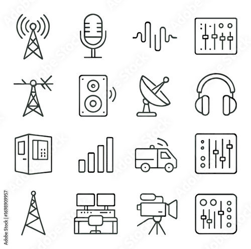 Broadcast and studio linear icon set. featuring antenna, microphone, soundwave, mixer, speaker, satellite, headphones, and more