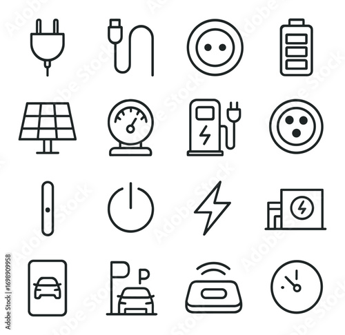 Energy and charging linear icon set. featuring plug, cable, battery, solar panel, speedometer, and gas station symbols