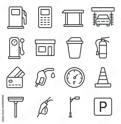 Gas station linear icons set. featuring fuel pump, kiosk, car wash, card, and parking symbols