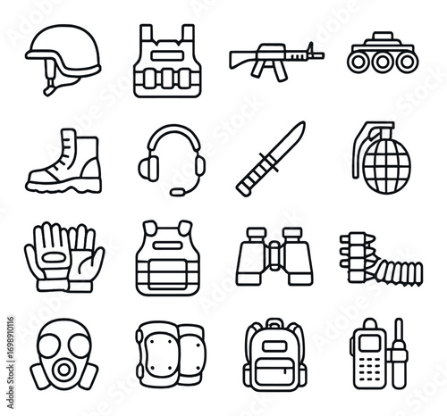 Military equipment linear icon set. featuring helmet, vest, rifle, tank, boots, headset, knife, and grenade