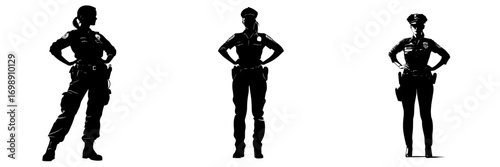 A female police officer is shown in silhouette against a white backdrop