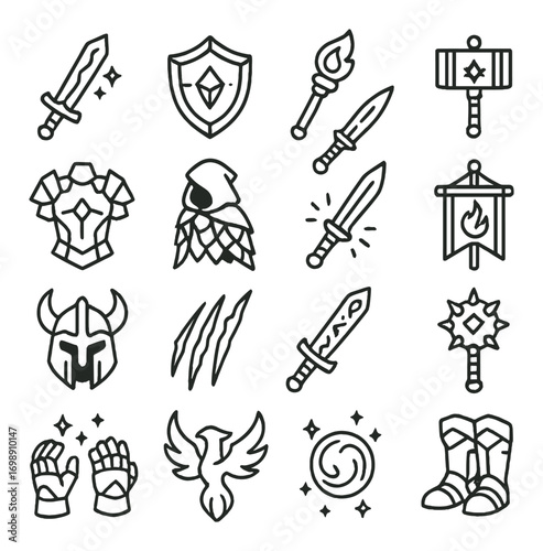 Fantasy weaponry and armor linear icon set. featuring sword, shield, paintbrush, knife, helmet, banner, mace, and gloves icons