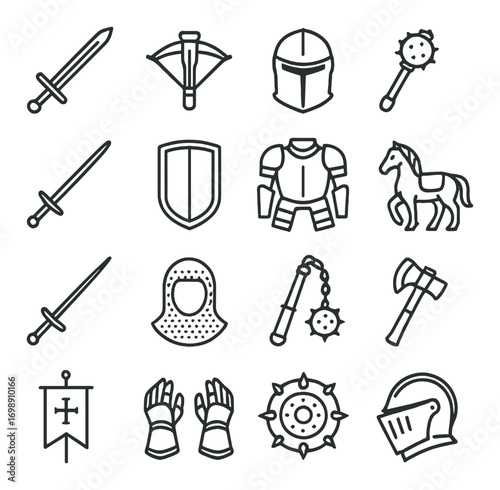 Medieval weapons and armor linear icon set. featuring sword, crossbow, helmet, mace, shield, horse, and axe