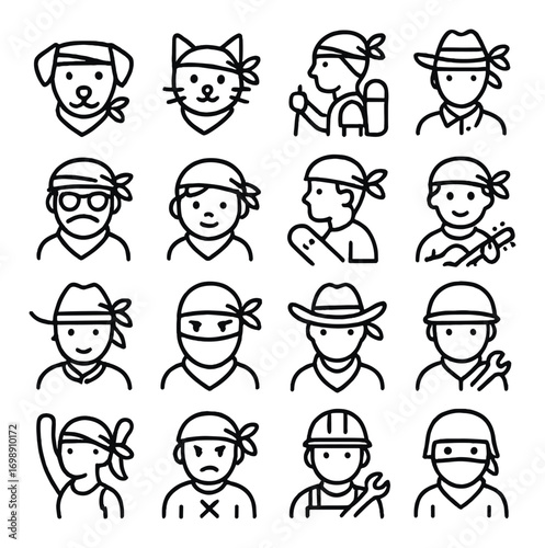 Hiking adventure linear icon set. featuring dog, cat, backpack, hiker, guitar, and hat symbols