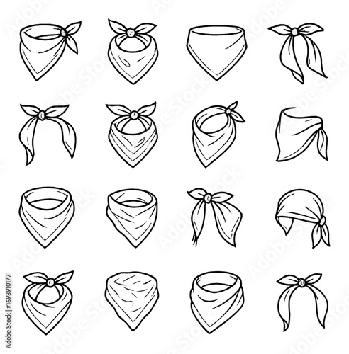Scarf linear icon set. featuring bandana, knot, wrap, headscarf, and kerchief symbols