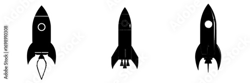 A simple yet powerful black silhouette of a rocket ship blasting off is embodied by the Rocket Launch Icon, symbolizing progress, innovation, and new beginnings