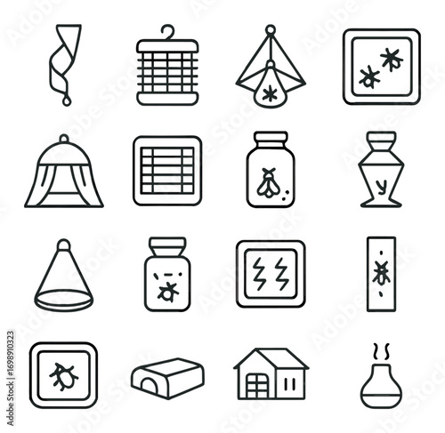 Pest control linear icon set. featuring traps, jars, fabric, and container symbols