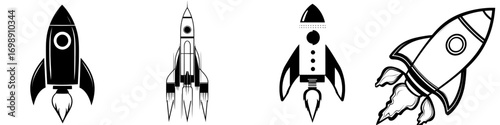 The Rocket Launch Icon represents a simple yet powerful black silhouette of a rocket ship, poised for liftoff, symbolizing progress, innovation, and new beginnings