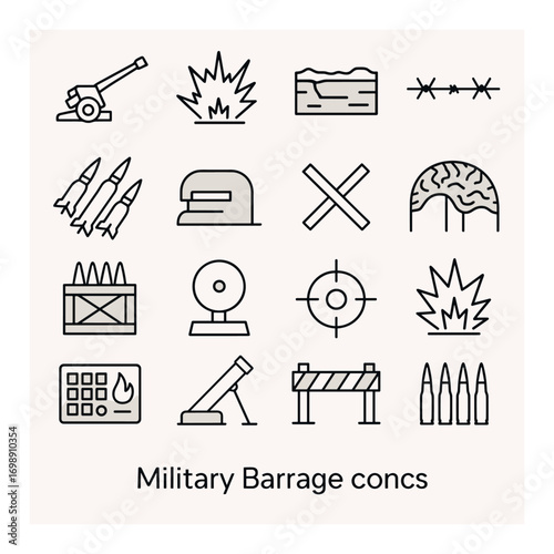 Military barrage linear icons set. featuring cannon, explosion, trench, barbed wire, rockets, and targets