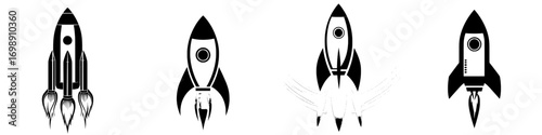 The Black and White Rocket Icon represents a sleek and simple design of a rocket, shooting into the sky with a strong blast of flame, embodying ambition, progress, and the pursuit of dreams