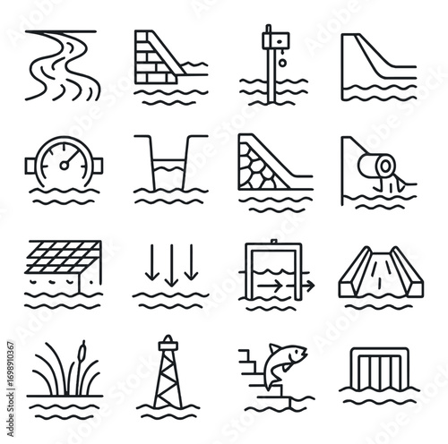 Hydraulic engineering linear icons set. featuring dam, sluice gate, water flow, and spillway symbols