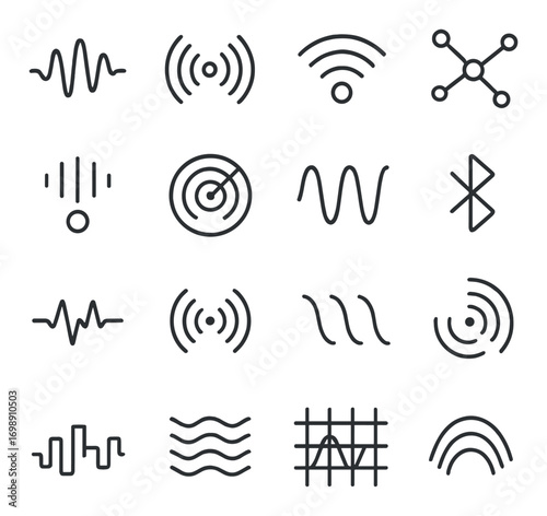Technology linear icon set. featuring soundwave, wifi, radar, flow, bluetooth, connection, signal, and network symbols