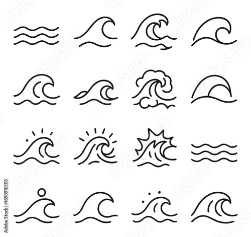 Weather linear icon set. featuring wave, ocean, sea, surf, tidal, ripple, water, tsunami, and storm symbols