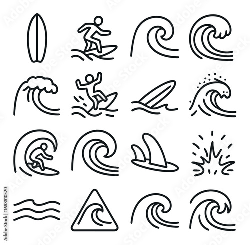 Surfing linear icon set. featuring surfboard, wave, surfer, crest, fins, splash, water, and alert symbols