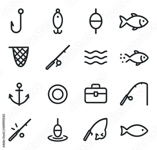 Fishing linear icon set. featuring hook, lure, bobber, fish, net, rod, waves, tackle box, and anchor symbols