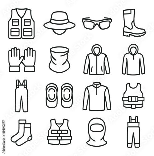 Fishing gear linear icon set. featuring vest, hat, sunglasses, boots, gloves, hoodies, and diving suit