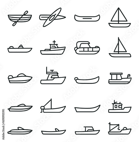 Marine transportation linear icon set. featuring canoe, kayak, yacht, boat, sailboat, and fishing vessel symbols