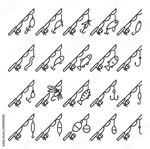 Fishing gear linear icon set. featuring rods, hooks, lures, reels, and bait symbols