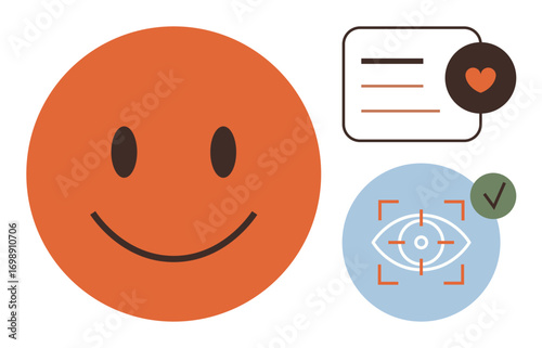 Smiling face, heart speech bubble, and eye with target mark highlight communication, recognition, and approval themes. Ideal for feedback, emotions, positivity, approval evaluation user interface