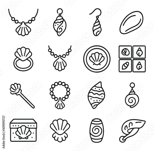 Jewelry linear icon set. featuring necklace, earring, brooch, ring, bracelet, tiara, locket symbols