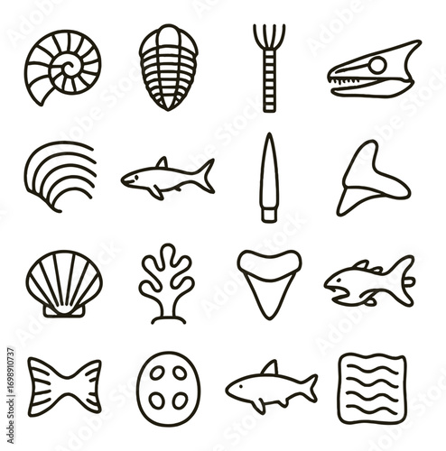 Prehistoric marine life linear icon set. featuring ammonite, trilobite, coral, shark, fish, and fossil symbols