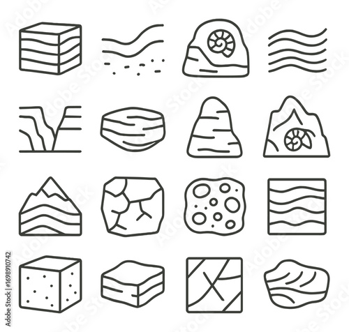 Geology linear icon set. featuring strata, fossils, crack, wave, and cave symbols.