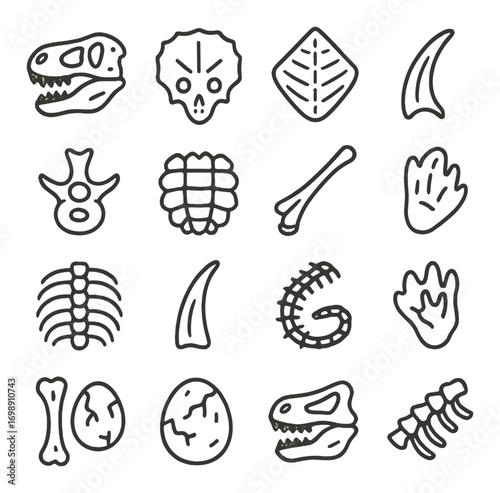 Dinosaur fossils linear icon set. featuring skull, claw, bone, footprint, and egg symbols