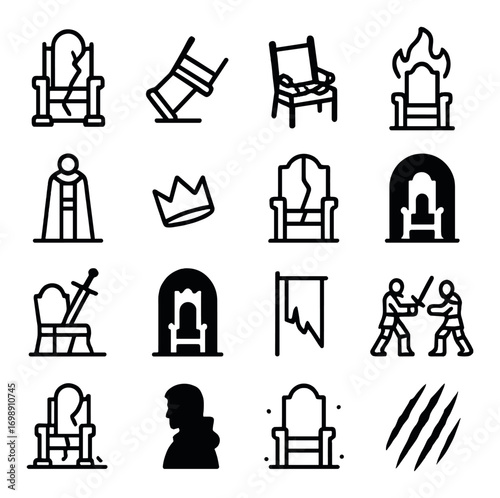 Medieval thrones and royalty linear icon set. featuring thrones, cloaks, crown, sword, and knights.