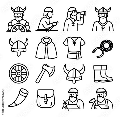 Viking culture linear icon set. featuring helmets, axes, shields, horns, clothing, tools, and navigation