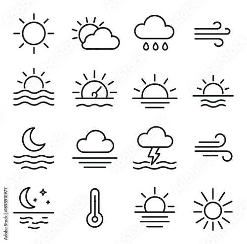 Weather and nature linear icon set. featuring sun, cloud, rain, wind, moon, storm, temperature symbols