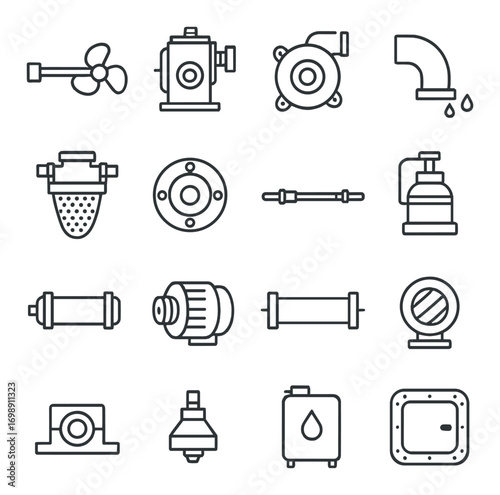 Plumbing and engineering linear icon set. featuring fan, generator, pump, pipe, filter, flange, coupling, pump, valve