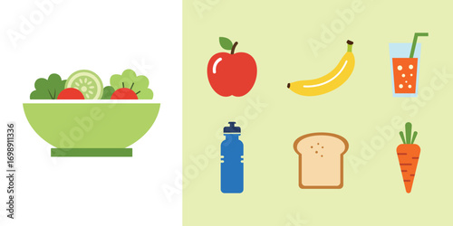 Healthy food icons collection fresh salad apple banana juice bottle bread carrot vector