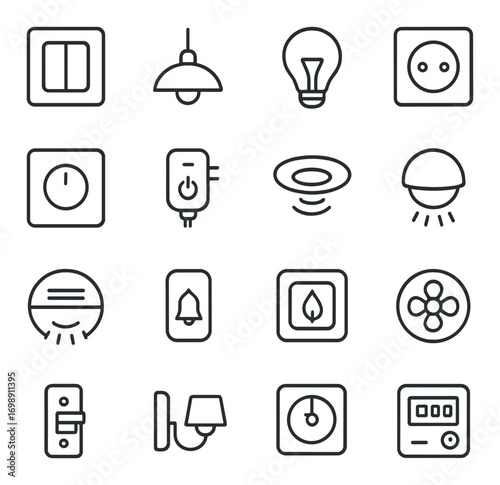 Home automation linear icon set. featuring switch, light, bulb, socket, thermostat, sensor, and alarm symbols