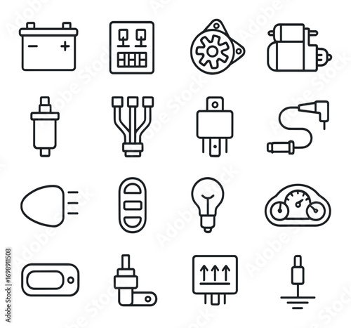 Automotive linear icon set. featuring battery, alternator, spark plug, headlight, ignition symbols