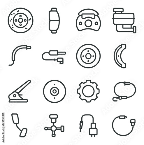Mechanical parts linear icon set. featuring brake, gear, pipe, valve, sensor, clutch, and battery symbols