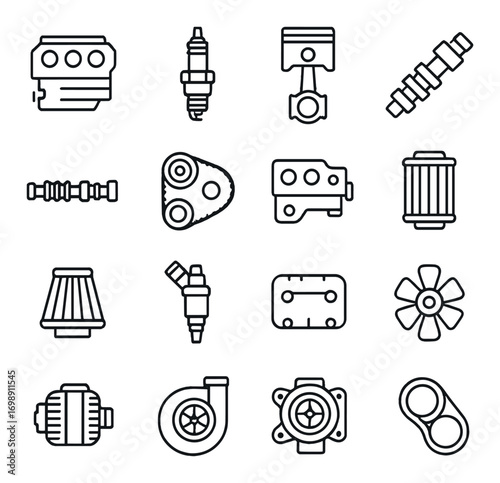 Automotive parts linear icon set. featuring engine, filter, spark plug, piston, camshaft, and radiator symbols
