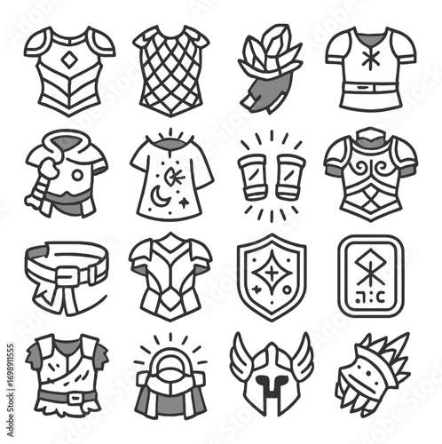 Fantasy armor linear icon set. featuring chestplate, shield, helmet, gauntlet, belt, and boots symbols