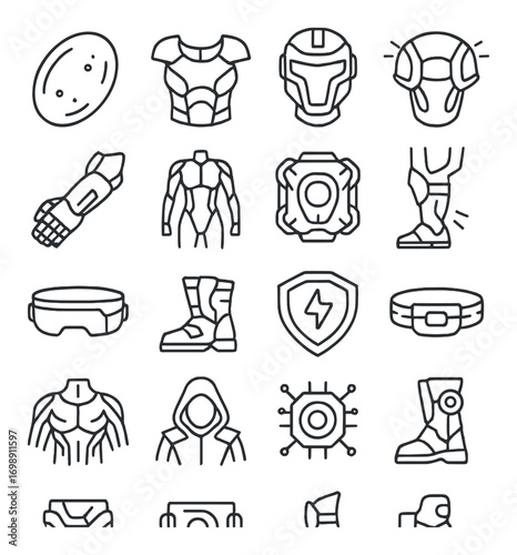 Futuristic armor linear icon set. featuring helmet, chestplate, visor, gauntlet, shield, and boot symbols