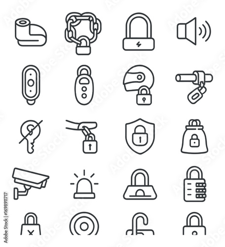Security and protection linear icons set. featuring padlock, alarm, cctv, lock, key, helmet, and shield symbols