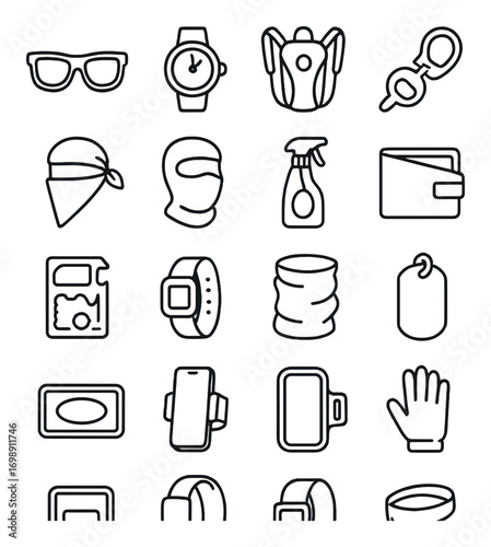 Outdoor accessories linear icon set. featuring sunglasses, watch, backpack, carabiner, wallet, map holder.