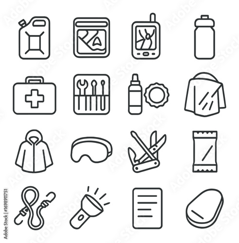 Camping equipment linear icon set. featuring fuel, map, gps, bottle, first aid, tools, poncho, torch icons.