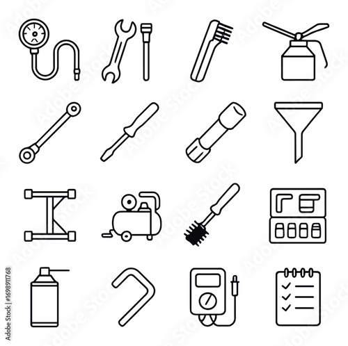 Automotive maintenance linear icons set. featuring pressure gauge, wrench, toothbrush, oil can, screwdriver, funnel