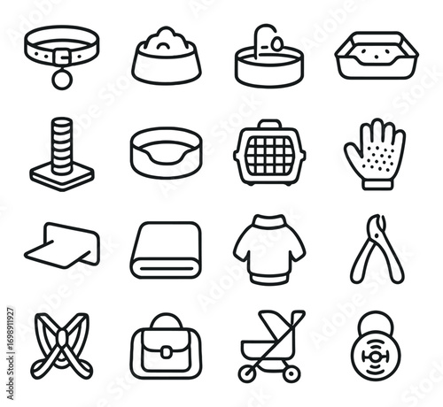 Pet care linear icons set. featuring collar, food, fountain, litter box, scratching post, bed, carrier, grooming tools