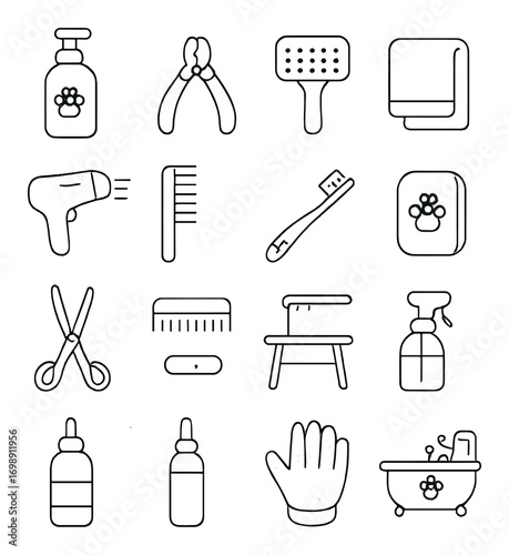 Pet grooming linear icon set. featuring shampoo, brush, towel, dryer, comb, toothbrush, scissors, clippers