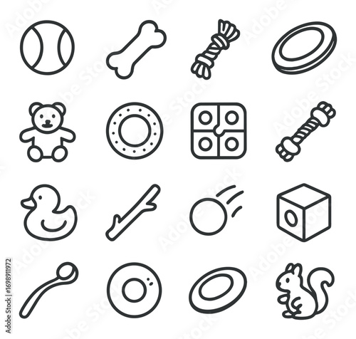 Pet toy linear icon set. featuring ball, bone, rope, frisbee, teddy bear, chew toy, rubber duck