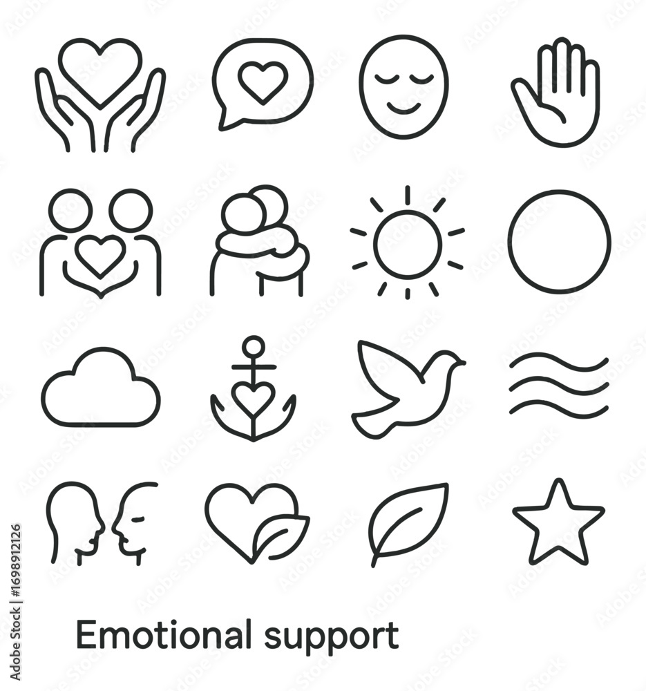 Naklejka premium Emotional support linear icon set. featuring hands holding heart, speech bubble, smiling face, open hand symbols