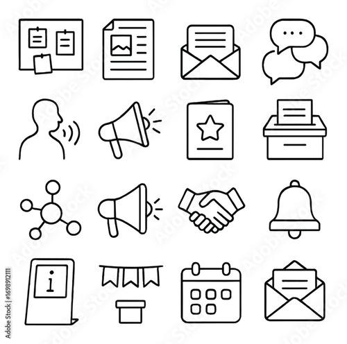 Communication and meeting linear icon set. featuring presentation, documents, speech, announcements, handshake, calendar