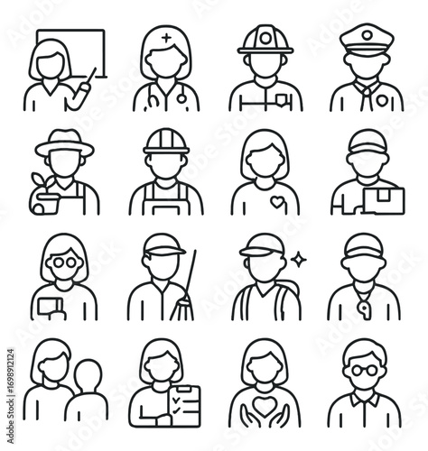 Professional roles linear icon set. featuring teacher, nurse, firefighter, police officer, builder, scientist, farmer