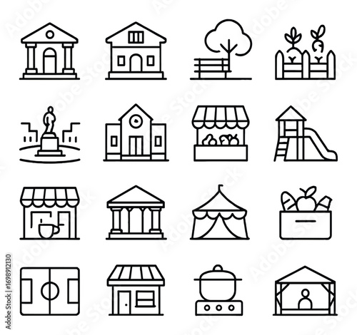 Community and leisure linear icon set. featuring library, house, park, statue, market stall, playground, pavilion
